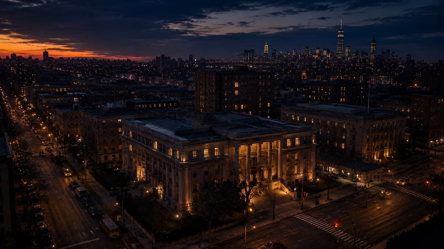 Brooklyn government buildings at dusk